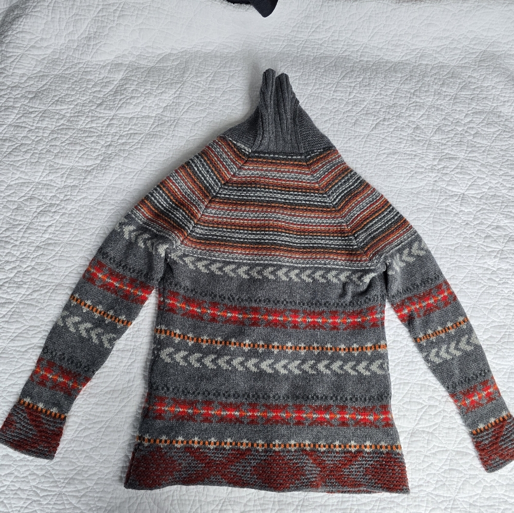 Woolrich Gray Shawl Collar Fair Isle Wool Cardigan with Red & Orange Accents - Picture 8 of 14